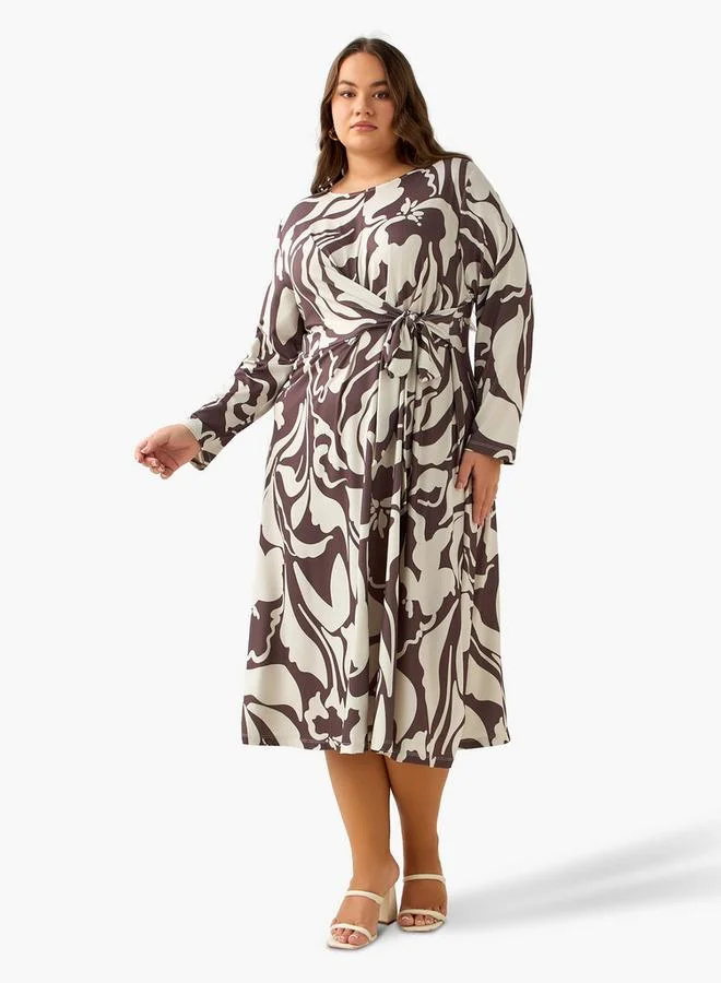  أولا بوبكن Ulla Popken A-line Midi Dress with Knot Detail and Floral Print